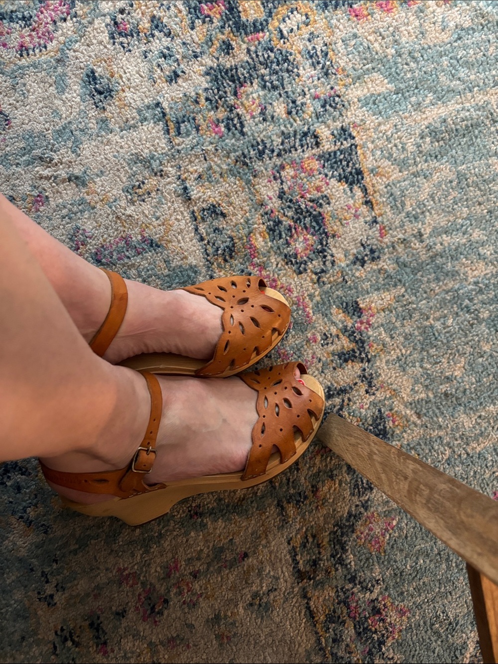 Swedish Hasbeens Cognac Leather Cutout Peep-Toe Wedge Sandals